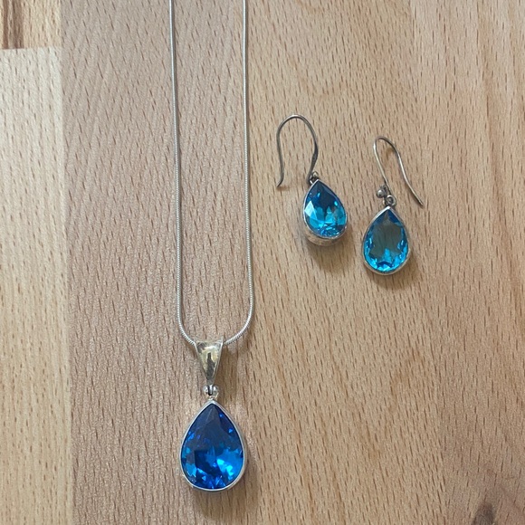 Jewelry - Blue Teardrop Crystal Sterling Silver Necklace and Earrings Set